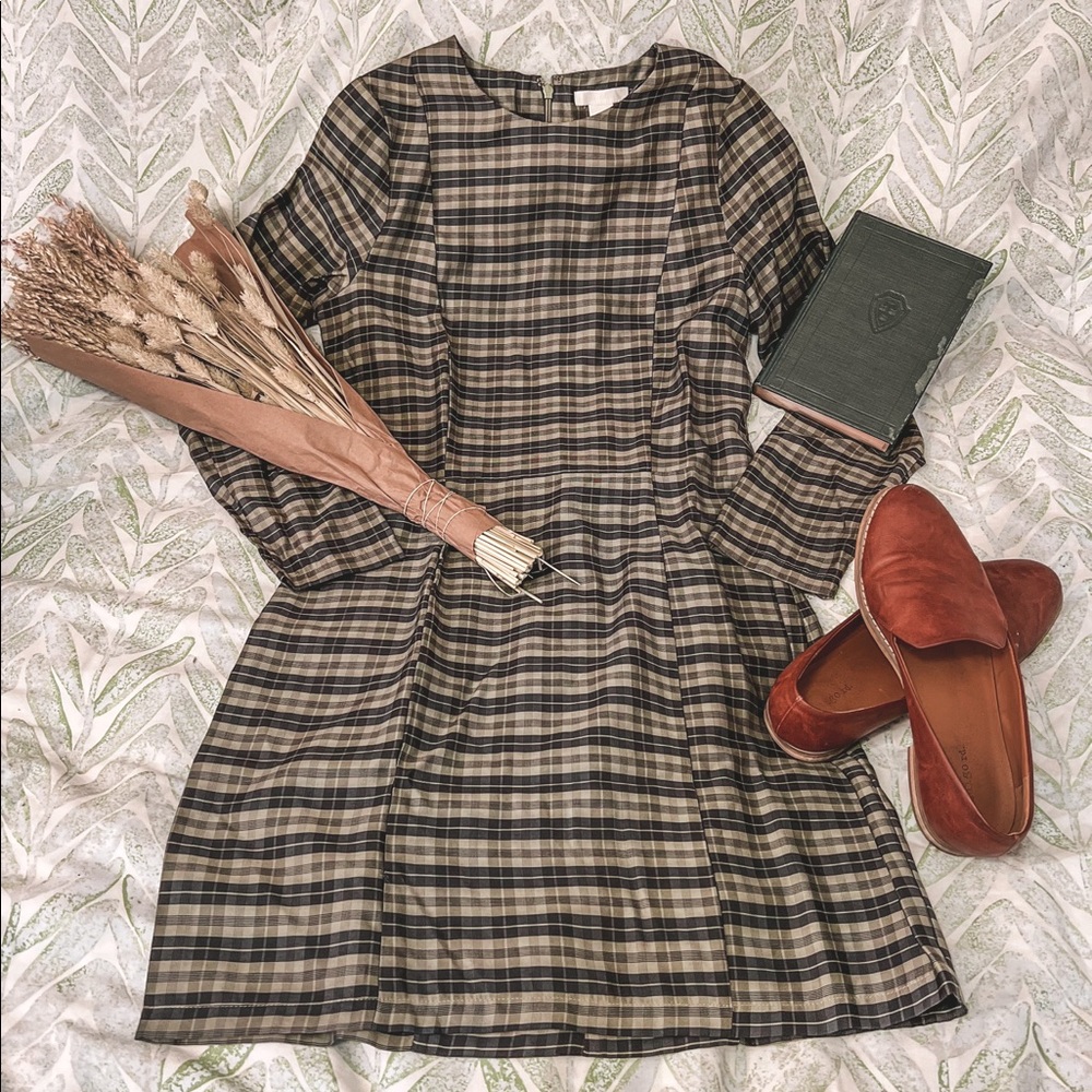 Size S Navy and Green Long Sleeved Checkered H&M Dress
